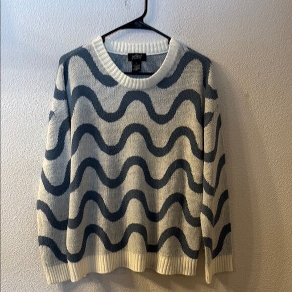 Just Polly Blue and White Crewneck Sweater with Wavy Pattern - Picture 1 of 4
